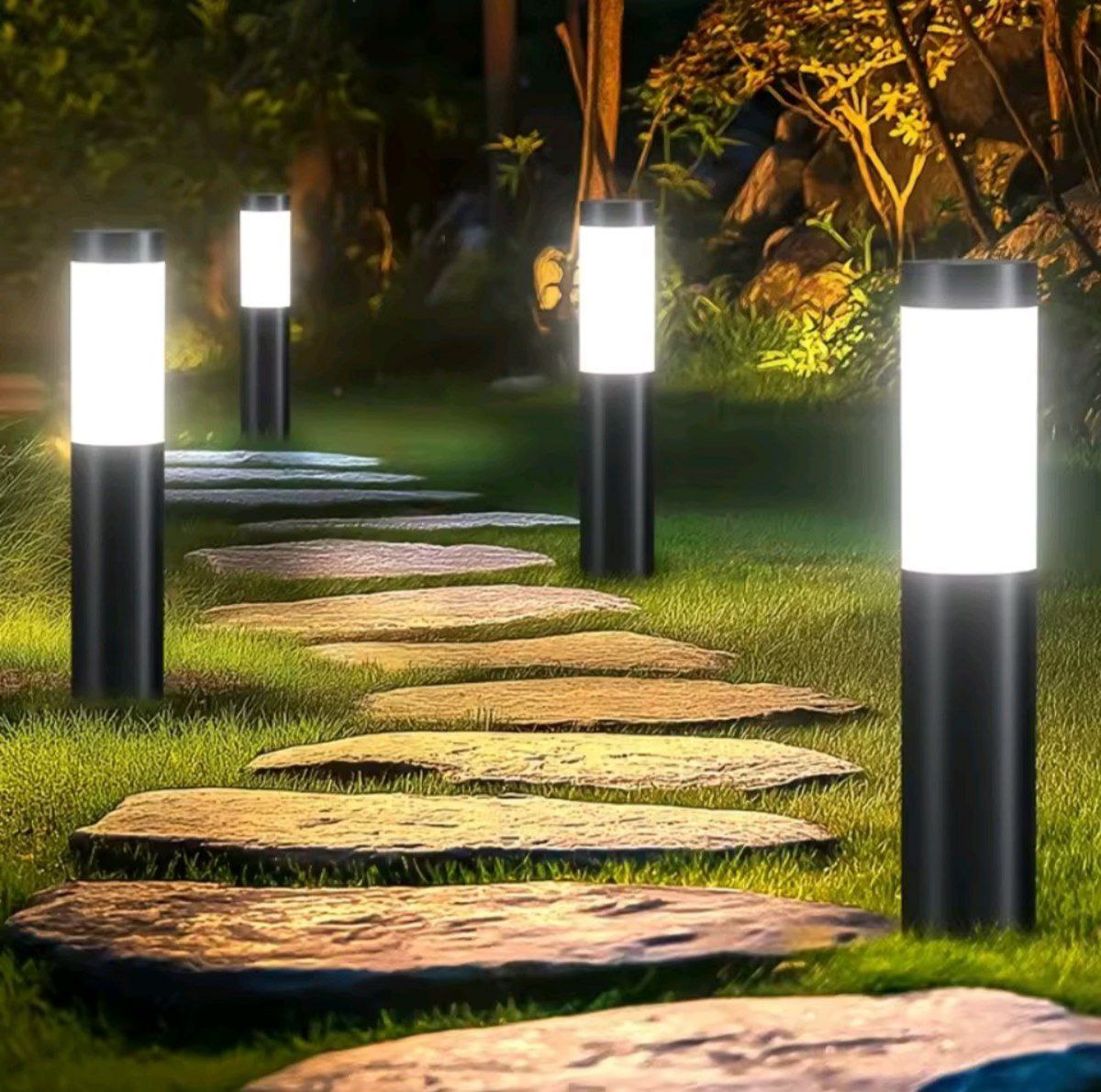 Home & Garden Hub™ Solar Stainless Steel LED Modern Pathway Lights Upgraded Courtyard Outdoor Garden Cylindrical Lawn Light Outside Walkway Decor